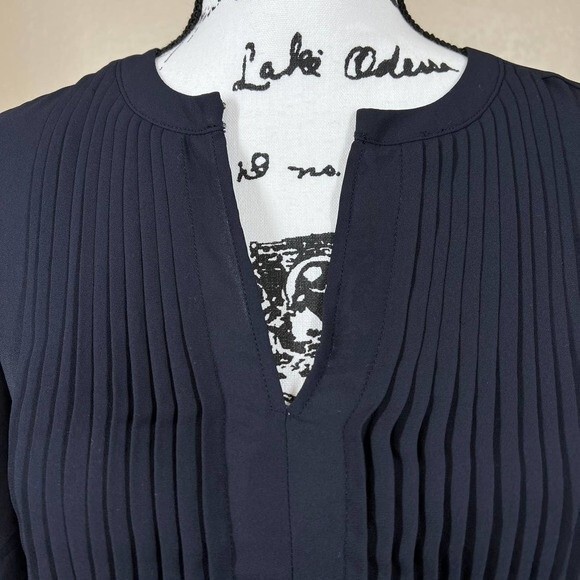 Ann Taylor Petite Navy Blue sheer pleated  long sleeve top size S academia work - Picture 8 of 14